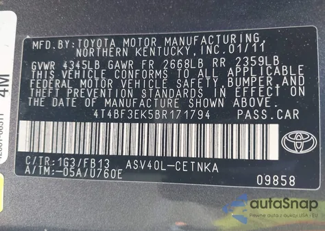 2011 Toyota Camry Le from USA, damaged, VIN 4T4BF3EK5BR171794